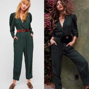 Free People Star Eyes Jumpsuit Cottagecore Puff Sleeves Vintage Forest Green
